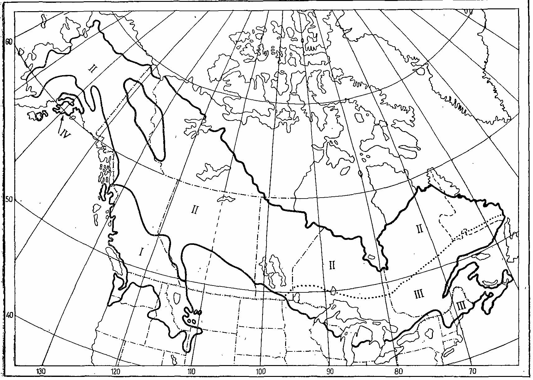 Рис. 4. Ареалы Falcipennis canadensis и F. franklinii (по Aldrich, 1963; Johnsgard, 1973. I — F. franklinii; II — F. canadensis canadensis; III — F. canadensis сanace; IV — F. canadensis atratus.
