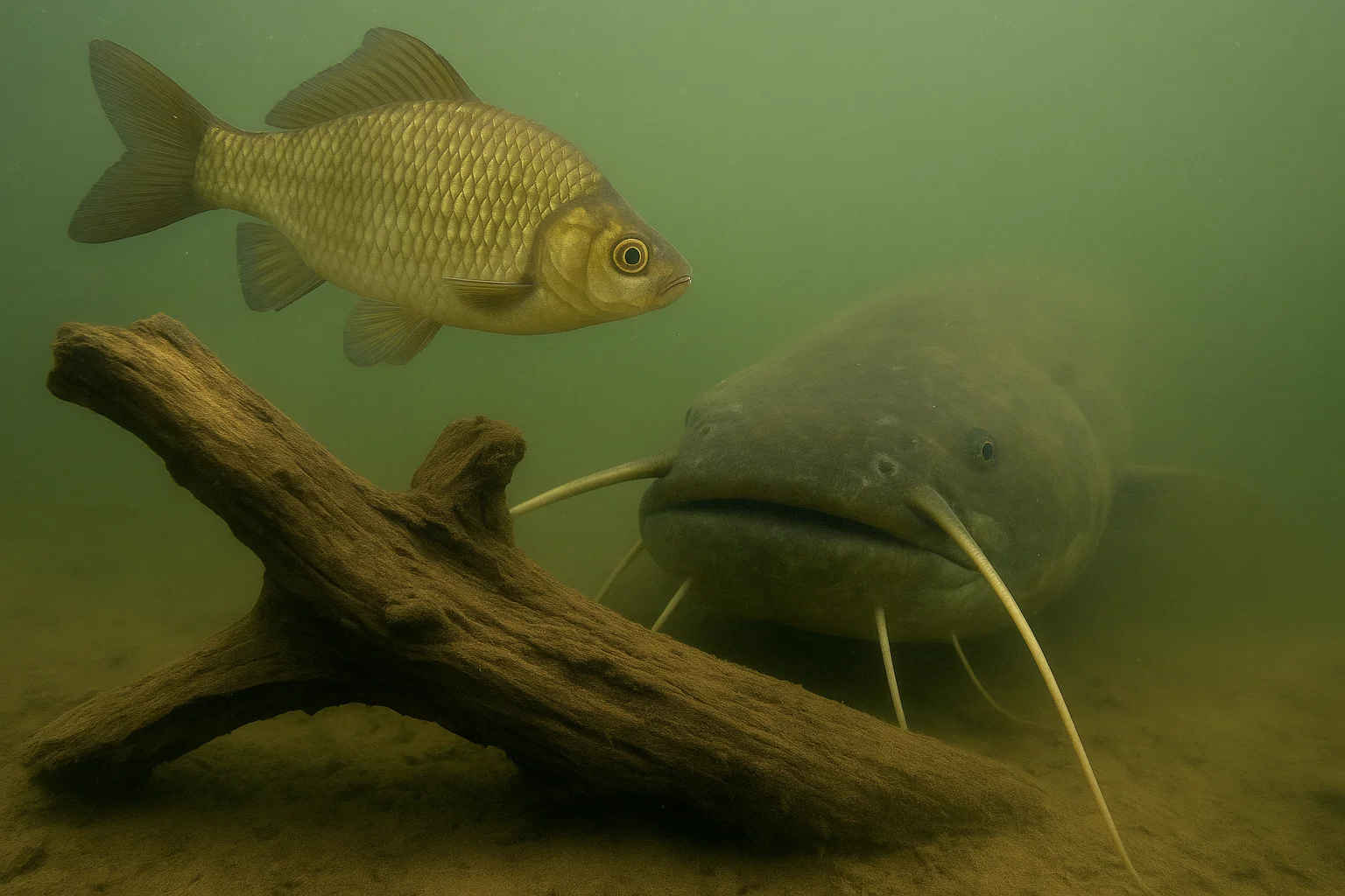 Усатый сом на охоте